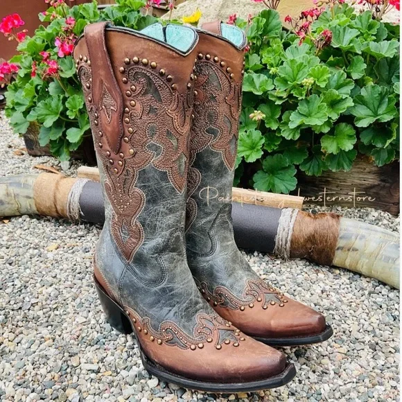 Corral Brown and Gray Embellished Heeled Boots - Picture 2 of 16